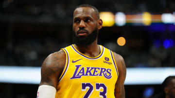 Apr 22, 2024; Denver, Colorado, USA; Los Angeles Lakers forward LeBron James (23) in the first quarter against the Denver Nuggets during game two of the first half during the 2024 NBA playoffs at Ball Arena.