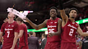Wisconsin guard John Blackwell (25) and guard Nick Boyd (2) are shown during the waning moment of their game Saturday, December 6, 2025 at the Kohl Center in Madison, Wisconsin. Wisconsin beat Marquette 96-76.