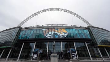Oct 1, 2023; London, United Kingdom; The Jacksonville Jaguars logo on the Wembley Stadium facade