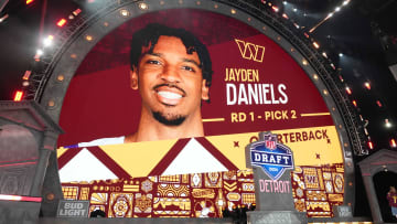 Apr 25, 2024; Detroit, MI, USA; LSU Tigers quarterback Jayden Daniels is selected as the No. 2 pick in the first round by the Washington Commanders during the 2024 NFL Draft at Campus Martius Park and Hart Plaza. Mandatory Credit: Kirby Lee-USA TODAY Sports