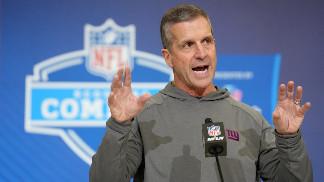 Feb 24, 2026; Indianapolis, IN, USA; New York Giants coach John Harbaugh speaks at the NFL Scouting Combine at the Indiana Convention Center.