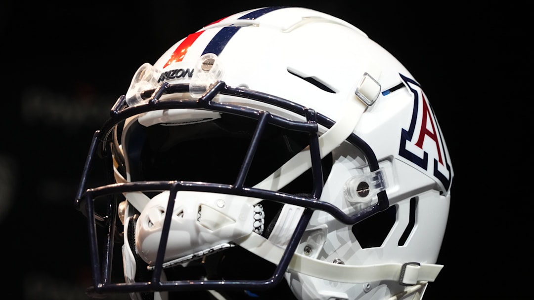 Jul 29, 2022; Los Angeles, CA, USA; An Arizona Wildcats helmet on display during Pac-12 Media Day at Novo Theater. Mandatory Credit: Kirby Lee-Imagn Images
