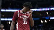 Mar 27, 2025; San Francisco, CA, USA; Arkansas Razorbacks forward Karter Knox (11) reacts after losing to the Texas Tech Red Raiders during overtime during a West Regional semifinal of the 2025 NCAA tournament at Chase Center. 