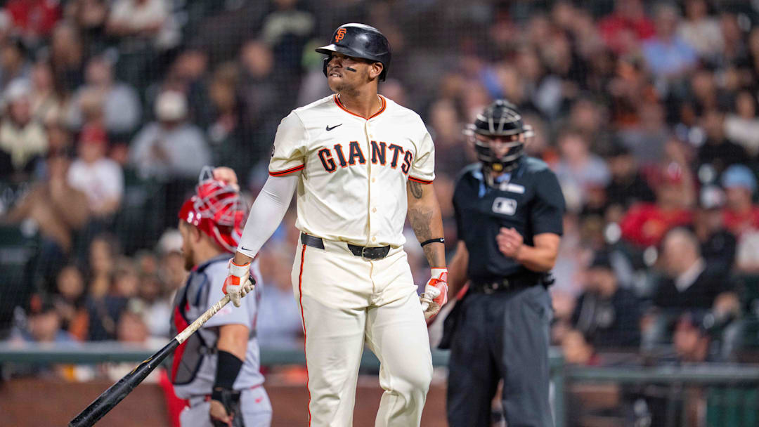 Sep 24, 2025; San Francisco, California, USA; San Francisco Giants designated hitter Rafael Devers (16) reacts after striking out against the St. Louis Cardinals during the seventh inning at Oracle Park. Mandatory Credit: Neville E. Guard-Imagn Images