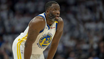 May 8, 2025; Minneapolis, Minnesota, USA; Golden State Warriors forward Draymond Green (23) looks on against the Minnesota Timberwolves in the second half during game two of the second round for the 2025 NBA Playoffs at Target Center. Mandatory Credit: Jesse Johnson-Imagn Images