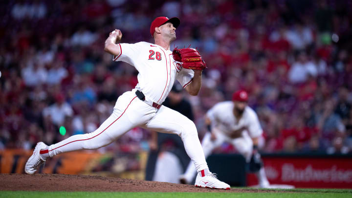 Cincinnati Reds pitcher Nick Martinez (28) delivers a pitch in the fourth inning of the MLB game between Cincinnati Reds and Colorado Rockies at Great American Ball Park in Cincinnati on Tuesday, July 9, 2024.