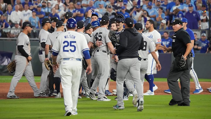 Kansas City Royals and New York Yankees benches clear during the ALDS. Kansas City Royals and New York Yankees benches clear during the ALDS.