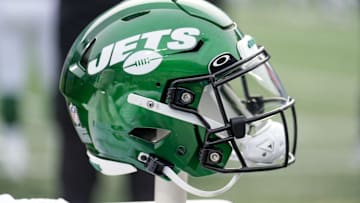 Aug 12, 2023; Charlotte, North Carolina, USA; New York Jets helmet during the second quarter against the Carolina Panthers at Bank of America Stadium. Mandatory Credit: Jim Dedmon-Imagn Images