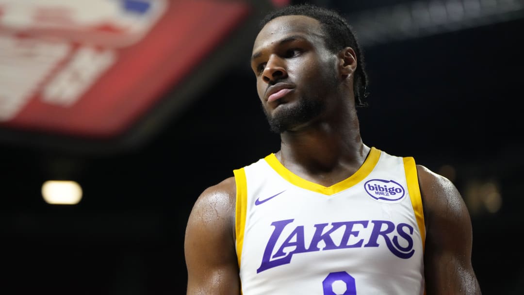 Jul 15, 2024; Las Vegas, NV, USA; Los Angeles Lakers guard Bronny James (9) competes against the Boston Celtics during the second half at Thomas & Mack Center. Mandatory Credit: Lucas Peltier-USA TODAY Sports