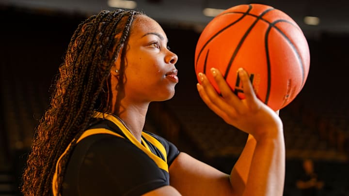 Journey Houston stands for a photo during Iowa Women's Basketball media day at Carver Hawkeye arena in Iowa City, Oct. 14, 2025.