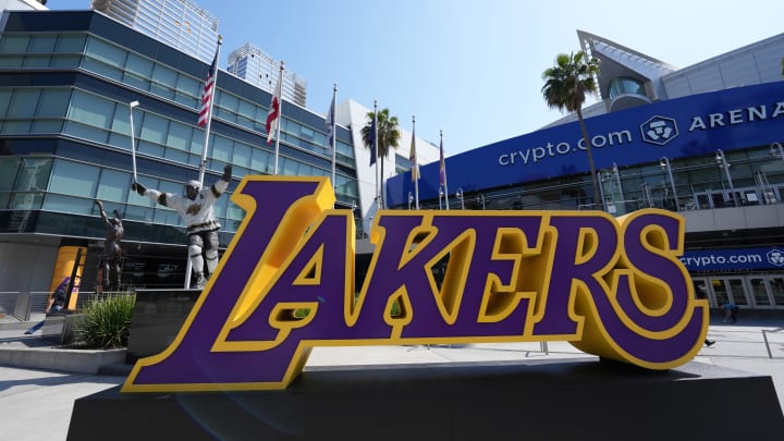 May 8, 2023; Los Angeles, California, USA; A general overall view of the Los Angeles Lakers logo at the Crypto.com Arena during game four of the 2023 NBA playoffs. Mandatory Credit: Kirby Lee-USA TODAY Sports