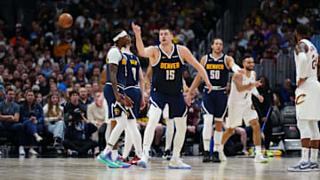 Mar 31, 2024; Denver, Colorado, USA; Denver Nuggets center Nikola Jokic (15) reacts 