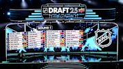 Jun 27, 2025; Los Angeles, California, USA; The draft board is seen following the first round of the 2025 NHL Draft at Peacock Theater. Mandatory Credit: Kirby Lee-Imagn Images