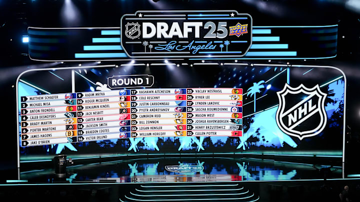Jun 27, 2025; Los Angeles, California, USA; The draft board is seen following the first round of the 2025 NHL Draft at Peacock Theater. Mandatory Credit: Kirby Lee-Imagn Images Jun 27, 2025; Los Angeles, California, USA; The draft board is seen following the first round of the 2025 NHL Draft at Peacock Theater. Mandatory Credit: Kirby Lee-Imagn Images