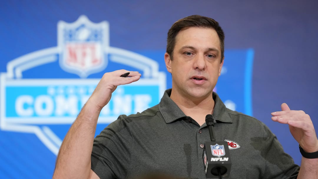 Feb 24, 2026; Indianapolis, IN, USA; Kansas City Chiefs general manager Brett Veach speaks at the NFL Scouting Combine at the Indiana Convention Center. Mandatory Credit: Kirby Lee-Imagn Images