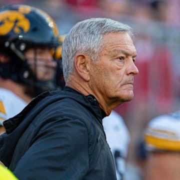 Oct 11, 2025; Madison, Wisconsin, USA; Iowa Hawkeyes head coach Kirk Ferentz eyes the field before a game against the Wisconsin Badgers at Camp Randall Stadium. Mandatory Credit: Ross Harried-Imagn Images