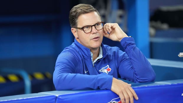 Jun 28, 2023; Toronto, Ontario, CAN; Toronto Blue Jays general manager Ross Atkins talks with the media.