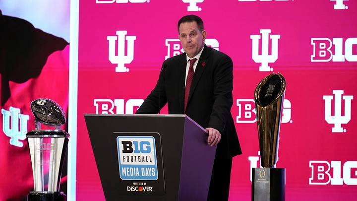 Jul 22, 2025; Las Vegas, NV, USA; Indiana head coach Curt Cignetti speaks to the media during the Big Ten NCAA college football media days at Mandalay Bay Resort. Mandatory Credit: Lucas Peltier-Imagn Images