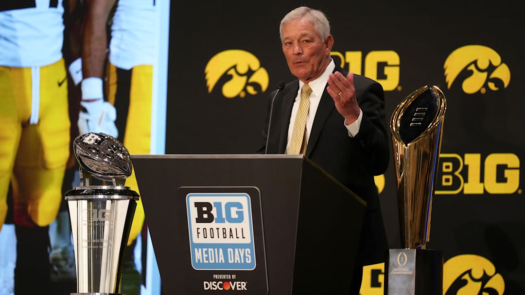 Jul 24, 2025; Las Vegas, NV, USA; Iowa head coach Kirk Ferentz speaks to the media during the Big Ten NCAA college football media days at Mandalay Bay Resort. Mandatory Credit: Lucas Peltier-Imagn Images
