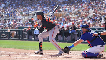 Mar 1, 2025; Phoenix, Arizona, USA; San Francisco Giants second baseman Sergio Alcantara (50) bats against the Los Angeles Dodgers during the second inning at Camelback Ranch-Glendale. Mandatory Credit: Joe Camporeale-Imagn Images