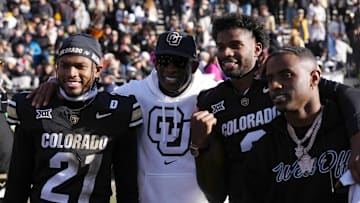 Colorado Buffaloes safety Shilo Sanders, head coach Deion Sanders, quarterback Shedeur Sanders, and Deion Sanders Jr. 