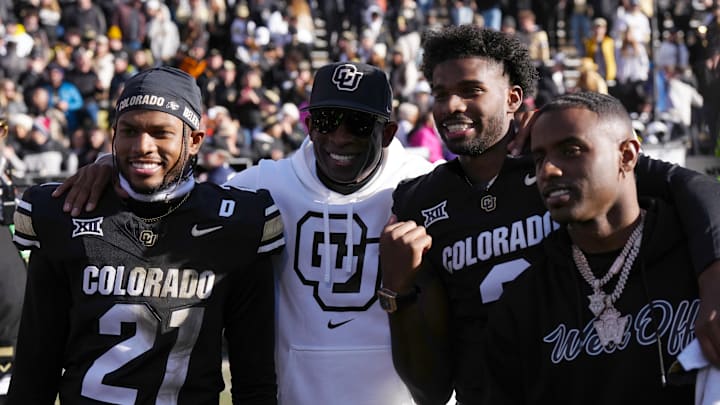 Colorado Buffaloes safety Shilo Sanders, head coach Deion Sanders, quarterback Shedeur Sanders, and Deion Sanders Jr. 