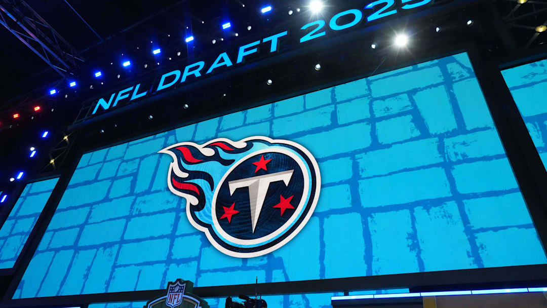 Apr 24, 2025; Green Bay, WI, USA; The Tennessee Titans logo is projected on the video board during the NFL Draft at Lambeau Field. Mandatory Credit: Kirby Lee-Imagn Images