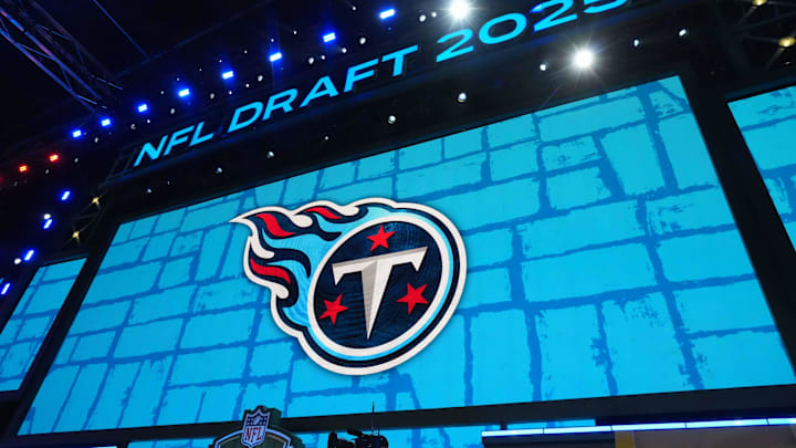 Apr 24, 2025; Green Bay, WI, USA; The Tennessee Titans logo is projected on the video board during the NFL Draft at Lambeau Field. Mandatory Credit: Kirby Lee-Imagn Images