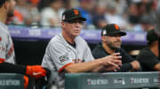 Jul 19, 2024; Denver, Colorado, USA; San Francisco Giants manager Bob Melvin (6) during the first inning against the Colorado Rockies at Coors Field. 