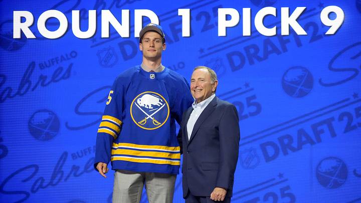 Jun 27, 2025; Los Angeles, California, USA; Radim Mrtka is selected as the ninth overall pick to the Buffalo Sabres in the first round of the 2025 NHL Draft at Peacock Theater. Mandatory Credit: Kirby Lee-Imagn Images