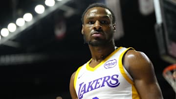 Jul 15, 2024; Las Vegas, NV, USA; Los Angeles Lakers guard Bronny James (9) competes during the first half against the Boston Celtics at Thomas & Mack Center. Mandatory Credit: Lucas Peltier-Imagn Images