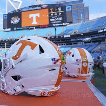Sep 7, 2024; Charlotte, North Carolina, USA; Tennessee Volunteers helmets before the game against the North Carolina State Wolfpack for the Dukes Mayo Classic at Bank of America Stadium. Mandatory Credit: Jim Dedmon-Imagn Images