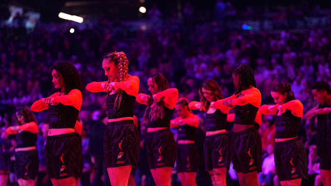 Sep 19, 2025; Phoenix, Arizona, USA; Phoenix Mercury Dancers perform during the first half of game three of round one for the 2025 WNBA Playoffs at PHX Arena against the New York Liberty. Mandatory Credit: Joe Camporeale-Imagn Images