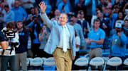Dec 14, 2024; Chapel Hill, North Carolina, USA; North Carolina Tar Heels head football coach Bill Belichick is introduced during half time at Dean E. Smith Center. Mandatory Credit: Bob Donnan-Imagn Images