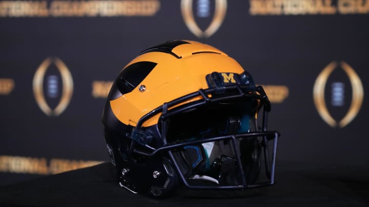 Jan 7, 2024; Houston, TX, USA; Michigan Wolverines helmet at the CFP National Championship Head Coaches press conference at JW Marriot Houston by the Galleria. Mandatory Credit: Kirby Lee-USA TODAY Sports