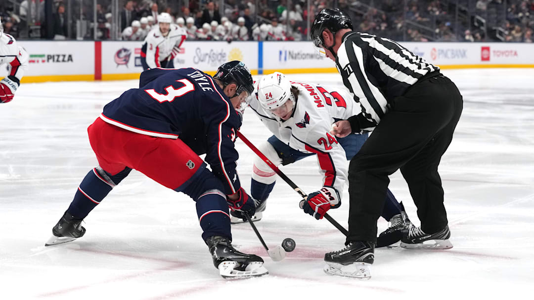 Blue Jackets center Charlie Coyle takes a faceoff against the Washington Capitals. Blue Jackets center Charlie Coyle takes a faceoff against the Washington Capitals.