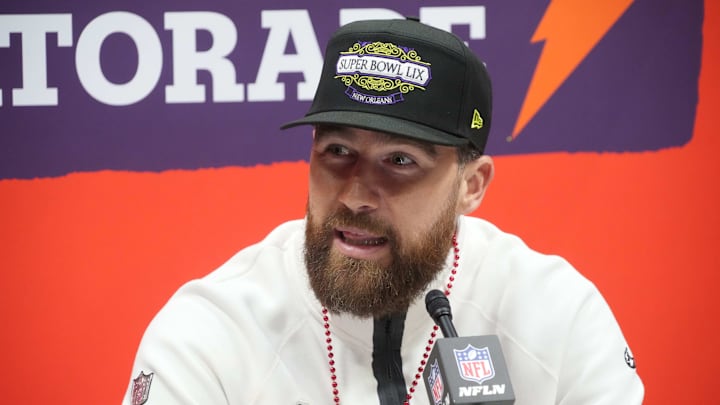 Kansas City Chiefs tight end Travis Kelce during Super Bowl LIX Opening Night. Kansas City Chiefs tight end Travis Kelce during Super Bowl LIX Opening Night.