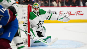 May 17, 2024; Denver, Colorado, USA; Dallas Stars goaltender Jake Oettinger (29) during an overtime period against the Colorado Avalanche in game six of the second round of the 2024 Stanley Cup Playoffs at Ball Arena. Mandatory Credit: Ron Chenoy-Imagn Images
