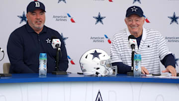 Dallas Cowboys coach Mike McCarthy (left) and owner Jerry Jones at training camp press conference at the River Ridge Fields. 
