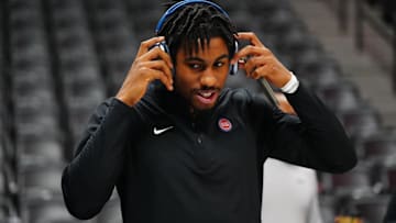 Dec 28, 2024; Denver, Colorado, USA; Detroit Pistons guard Jaden Ivey (23) looks on before the game against the Denver Nuggets at Ball Arena.
