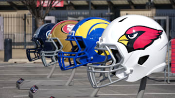 Feb 27, 2025; Indianapolis, IN, USA; NFC West helmets of the Arizona Cardinals, Los Angeles Rams, San Francisco 49ers and Seattle Seahawks at the 2025 NFL Scouting Combine Experience at Lucas Oil Stadium. Mandatory Credit: Kirby Lee-Imagn Images