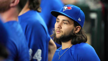 Jul 12, 2024; Phoenix, Arizona, USA; Toronto Blue Jays shortstop Bo Bichette (11) looks on against the Arizona Diamondbacks during the third inning at Chase Field. Mandatory Credit: Joe Camporeale-USA TODAY Sports