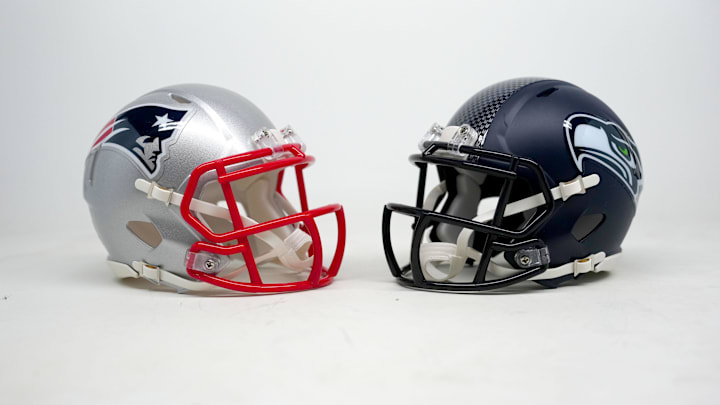 New England Patriots and Seattle Seahawks helmets