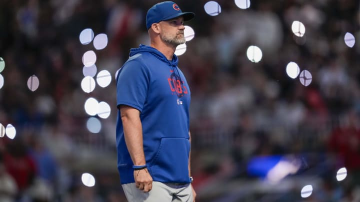 Sep 27, 2023; Cumberland, Georgia, USA; Chicago Cubs manager David Ross (3) on the field during a pitching change against the Atlanta Braves during the ninth inning at Truist Park.