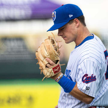 Iowa Cubs player Matt Shaw stands at third base during the first inning against Columbus on Thursday, Aug. 15, 2024, at Principal Park.