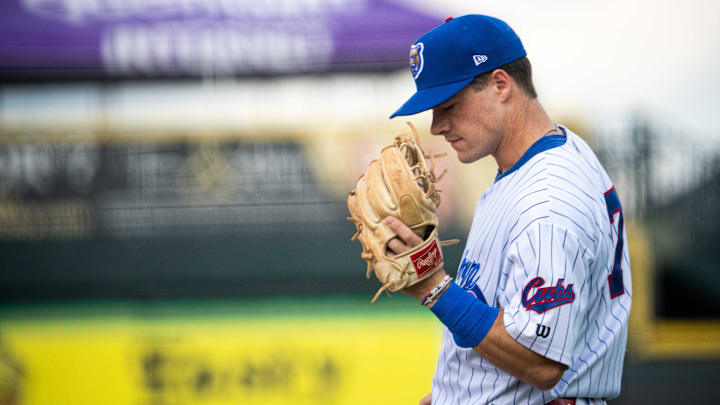 Iowa Cubs player Matt Shaw stands at third base during the first inning against Columbus on Thursday, Aug. 15, 2024, at Principal Park.