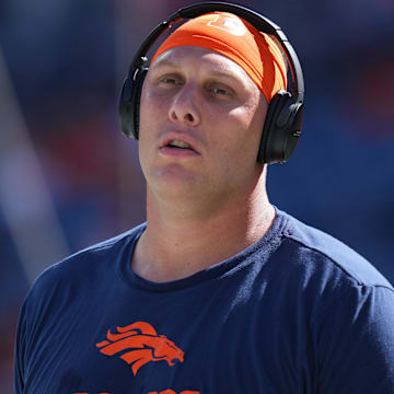 Oct 8, 2023; Denver, Colorado, USA; Denver Broncos offensive tackle Garett Bolles (72) before game New York Jets at Empower Field at Mile High. Mandatory Credit: Ron Chenoy-Imagn Images