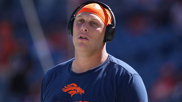 Oct 8, 2023; Denver, Colorado, USA; Denver Broncos offensive tackle Garett Bolles (72) before game New York Jets at Empower Field at Mile High. Mandatory Credit: Ron Chenoy-Imagn Images