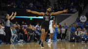 Dec 19, 2023; Los Angeles, California, USA; Cal State Northridge Matadors forward De'Sean Allen-Eikens (25) celebrates after a three-point basket against the UCLA Bruins in the second half at Pauley Pavilion presented by Wescom. CSUN defeated UCLA 76-72. Mandatory Credit: Kirby Lee-USA TODAY Sports