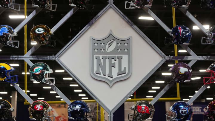 Feb 9, 2024; Las Vegas, NV, USA; A NFL shield logo at the NFL Experience at the Mandalay Bay North